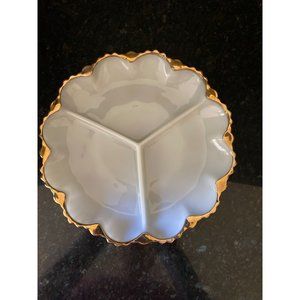 Milk Glass 3 Section, 10" Serving Dish, Gold Rimmed